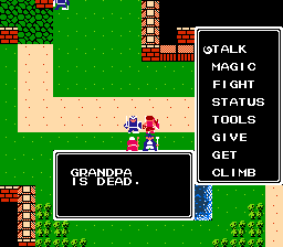 play screen for Ultima: Exodus on the Nintendo Entertainment System, an NPC tell the party Gandpa Is Dead